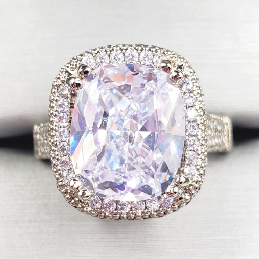 Cushion Cut White Diamond Simulants Silver Tone Pave Halo Engagement Ring